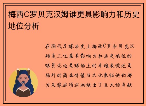 梅西C罗贝克汉姆谁更具影响力和历史地位分析